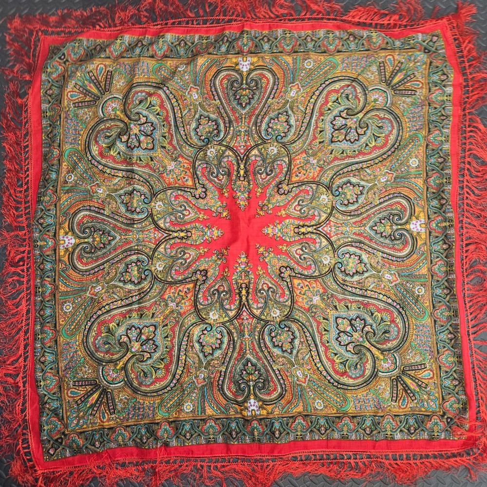 Vintage Decorative Floral Paisley Fine Wool Shawl Wrap Toyo Menka Japan Fringe
